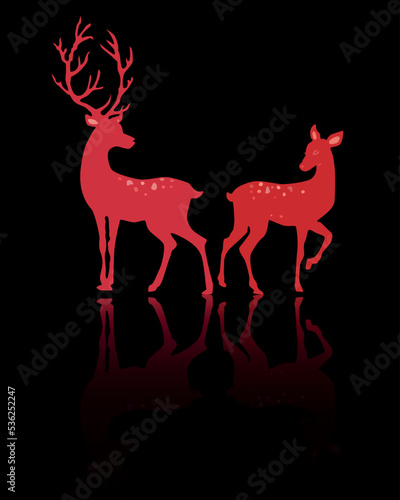Red silhouettes of male and female deer on black background. New Year's deer. Vector illustration