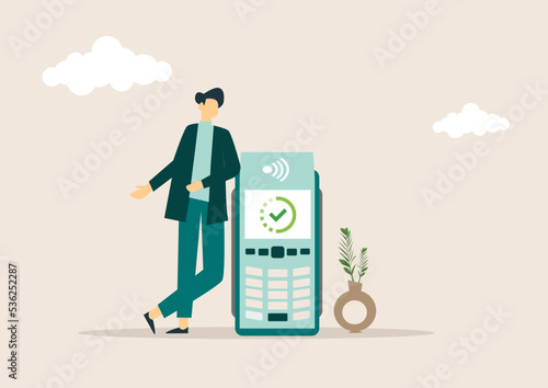 non-cash payment with a man standing in the cafe with a pos terminal beside. vector illustration concept.