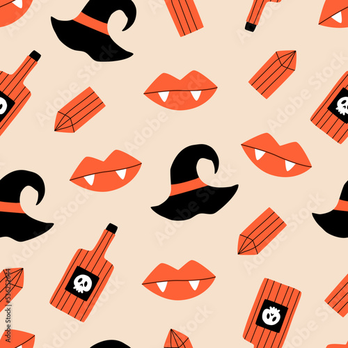 Witch hat, poison bottle, vampire lips and red crystals hand drawn vector illustration. Spooky seamless pattern for halloween decoration, fabric or wallpaper.