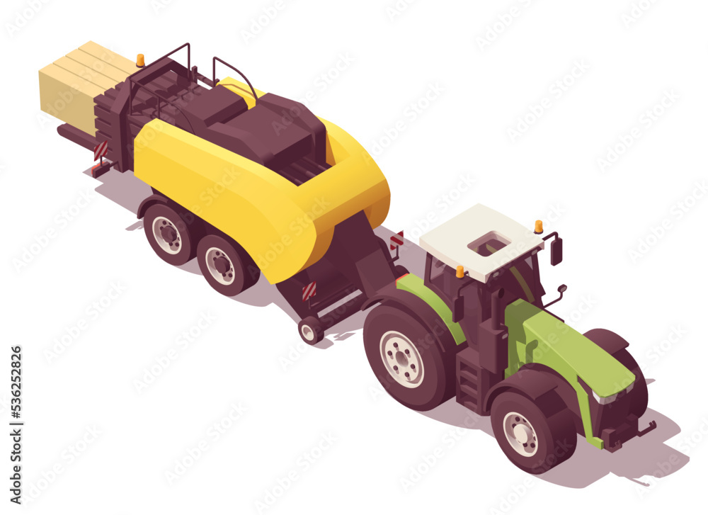 Isometric low poly green tractor with yellow big square baler. Vector illustrator