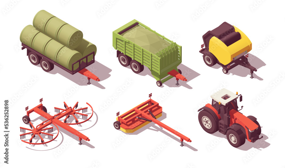 Set of isometric low poly tractors with hay harvest equipment. Vector illustrator