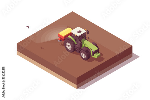 Isometric tractor composition. Isolated low poly green tractor with red fertilizer spreader spreading fertilizer on field. Vector illustrator