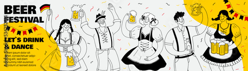 Oktoberfest party. Different people in national German costumes drink beer and have fun. Vector hand drawn illustration. Long horizontal banner with space for text...