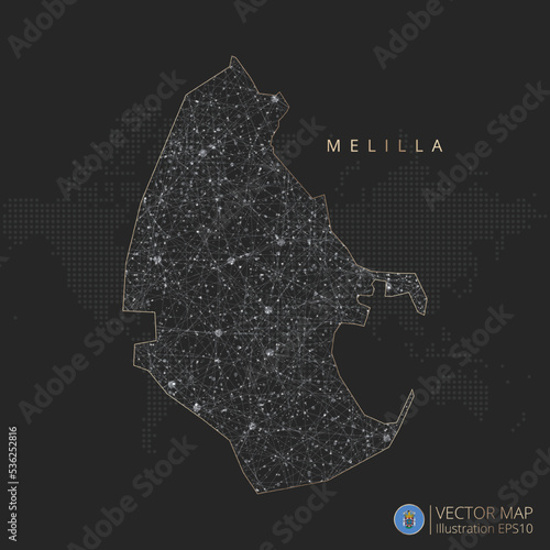 Melilla map abstract geometric mesh polygonal light concept with black and white glowing contour lines countries and dots on dark background. Vector illustration