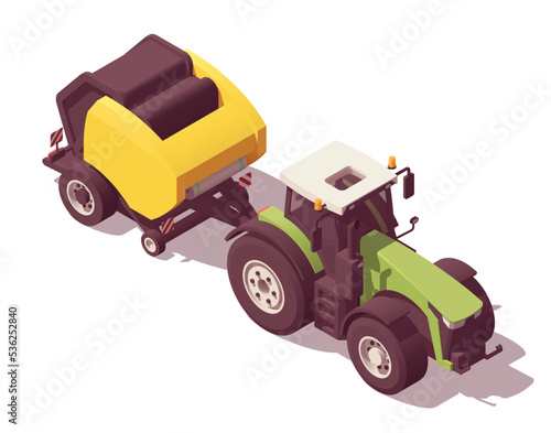 Isometric low poly green tractor with yellow round roll baler. Vector illustrator