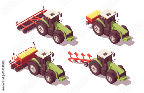 Set of isometric low poly tractors with agricultural equipment. Plow, cultivator, seeder, fertilizer spreader. Vector illustrator