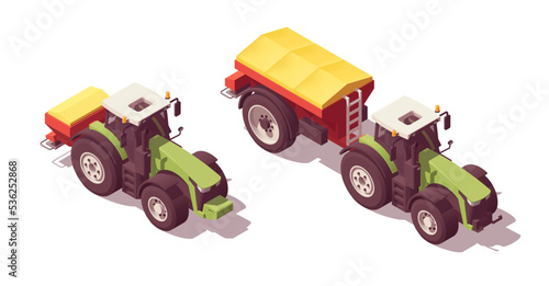 Set of isometric low poly tractors with fertilizer spreaders. Vector illustrator