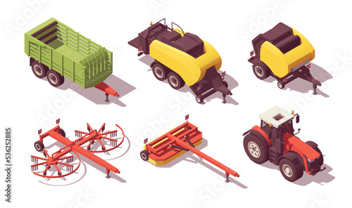 Set of isometric low poly tractors with straw harvest equipment. Vector illustrator