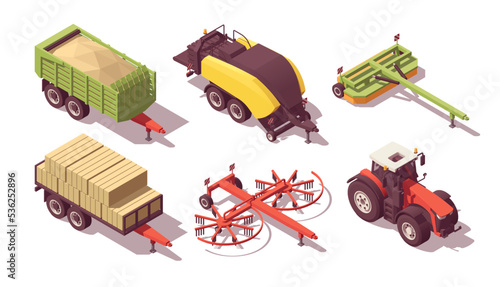 Set of isometric low poly tractors with straw harvest equipment. Vector illustrator