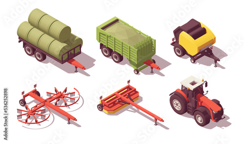 Set of isometric low poly tractors with hay harvest equipment. Vector illustrator