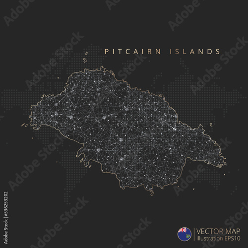Pitcairn Islands map abstract geometric mesh polygonal light concept with black and white glowing contour lines countries and dots on dark background. Vector illustration