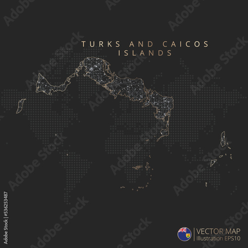 Turks and Caicos Islands map abstract geometric mesh polygonal light concept with black and white glowing contour lines countries and dots on dark background. Vector illustration