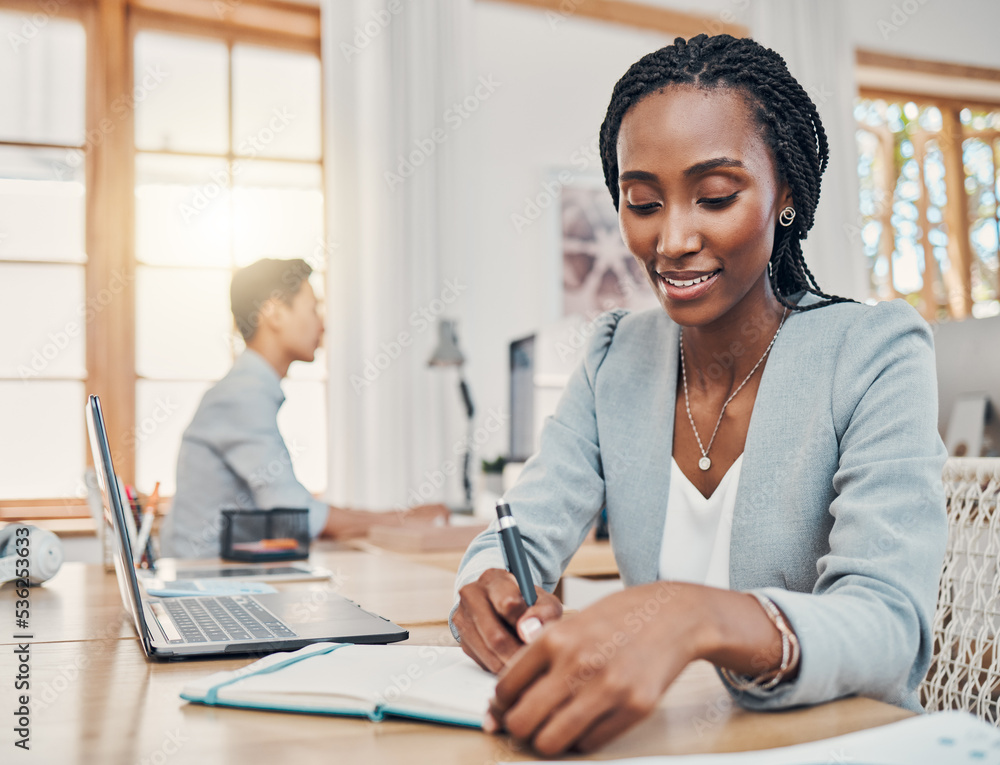 Black, business woman and writing in notebook for planning schedule or idea working in the office. Happy African American female employee taking notes for corporate finance at the workplace - obrazy, fototapety, plakaty 