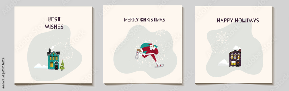 Christmas vector gift card or tag set, funny santa hurries with a bag of gifts, runs, snow-covered village houses, with inscriptions merry christmas, best wishes.