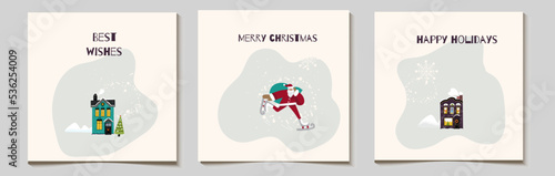 Christmas vector gift card or tag set, funny santa hurries with a bag of gifts, runs, snow-covered village houses, with inscriptions merry christmas, best wishes.