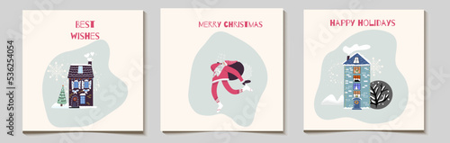 Christmas vector gift card or tag set, funny santa catches snowflakes in his mouth, snow covered village houses, with inscriptions merry christmas, happy holidays, best wishes.