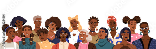 Black women group portrait. Happy smiling African-American girls together. Different modern fashion female characters, people community. Flat vector illustration isolated on white background