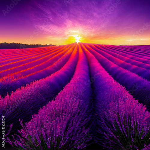 Illustration of a beautiful lavender field at late sunset