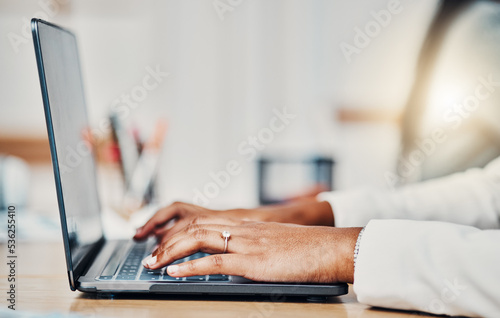 Hands  black woman and typing on laptop at office  planning financial business strategy email for tech company. African sales accountant  pc keyboard and working on finance online internet documents