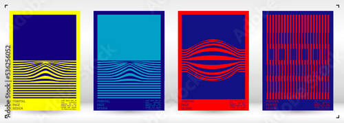 Geometrical Poster Design with Optical Illusion Effect. Modern Psychedelic Cover Page Collection. Colourful Wave Lines Background. Fluid Stripes Art. Swiss Design. Vector Illustration for Brochure.