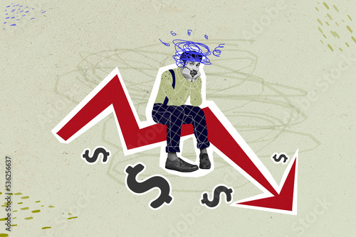 Creative abstract template collage of depressed anxious sad gentleman businessman sitting big arrow point down inflation crisis bankruptcy