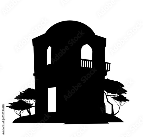 Arab clay double decker hut with balcony. Silhouette composition.Middle Eastern adobe dwelling. Africa and Asia traditional house. Isolated on white background Vector.