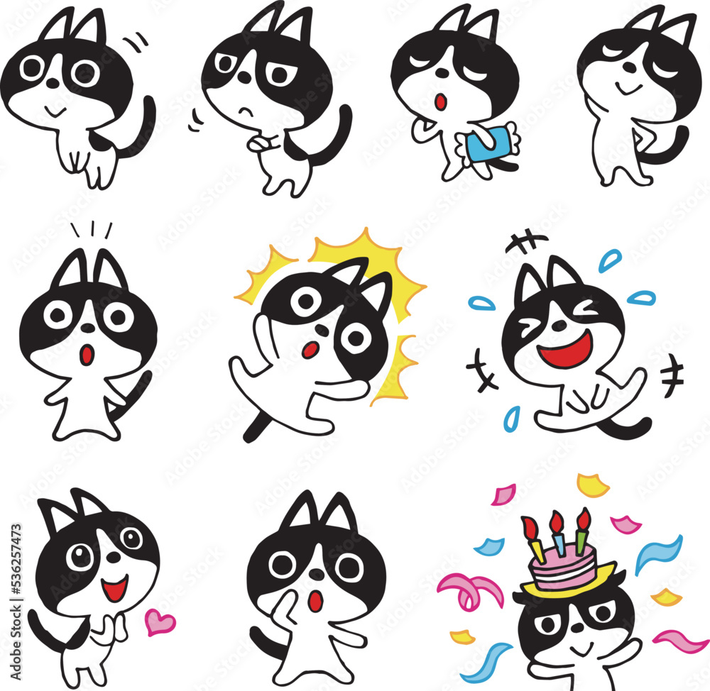 Fototapeta premium ハチワレネコのゆるい手描きポーズセット3 ベクター素材