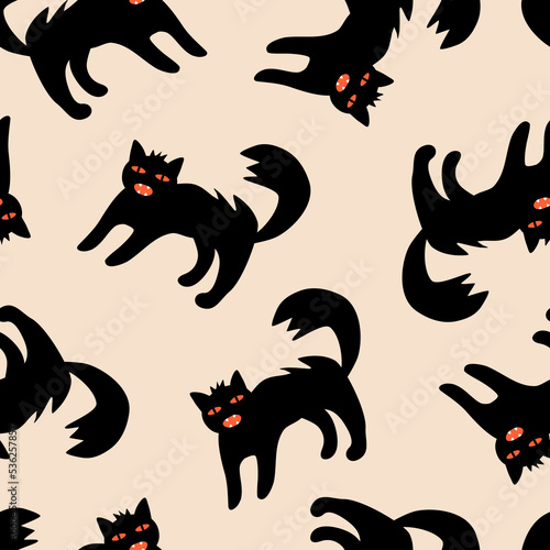 Spooky black cats with red eyes hand drawn vector illustration. Halloween party seamless pattern for kids fabric or wallpaper.