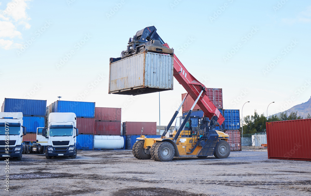 Logistics industry, forklift shipping container for distribution truck and supply chain export in Canada. International transportation for ecommerce, industrial global trade and cargo freight service