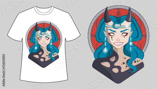 Demon woman Halloween t-shirt design template. Pretty demon girl with long blue hair and horns. Vector eps10 illustration. Creepy smile. Can be used for t-shirt design and tattoo. Attractive succubus.