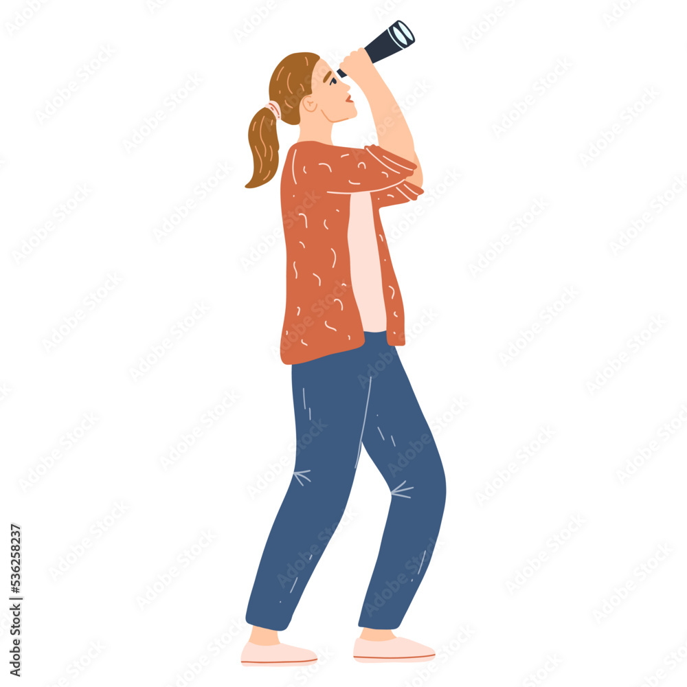 Woman search vacancy with binoculars. Female character looking, finding new work opportunities, vacancies, employment, career. Concept of search for information, strategy, frequently asked questions Woman search vacancy with binoculars. Female character looking, finding new work opportunities, vacancies, employment, career. Concept of search for information, strategy, frequently asked questions