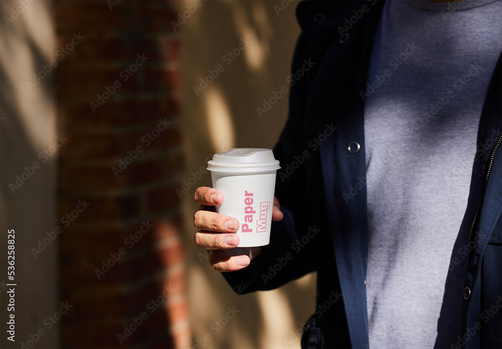 Man Walking WIth Paper Cup Mockup Outdoor Stock Template | Adobe Stock