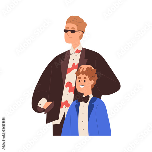Happy father and son. Cool modern dad and kid. Funny fashion daddy parent and child together. Smiling older and younger brothers, sibling. Flat vector illustration isolated on white background
