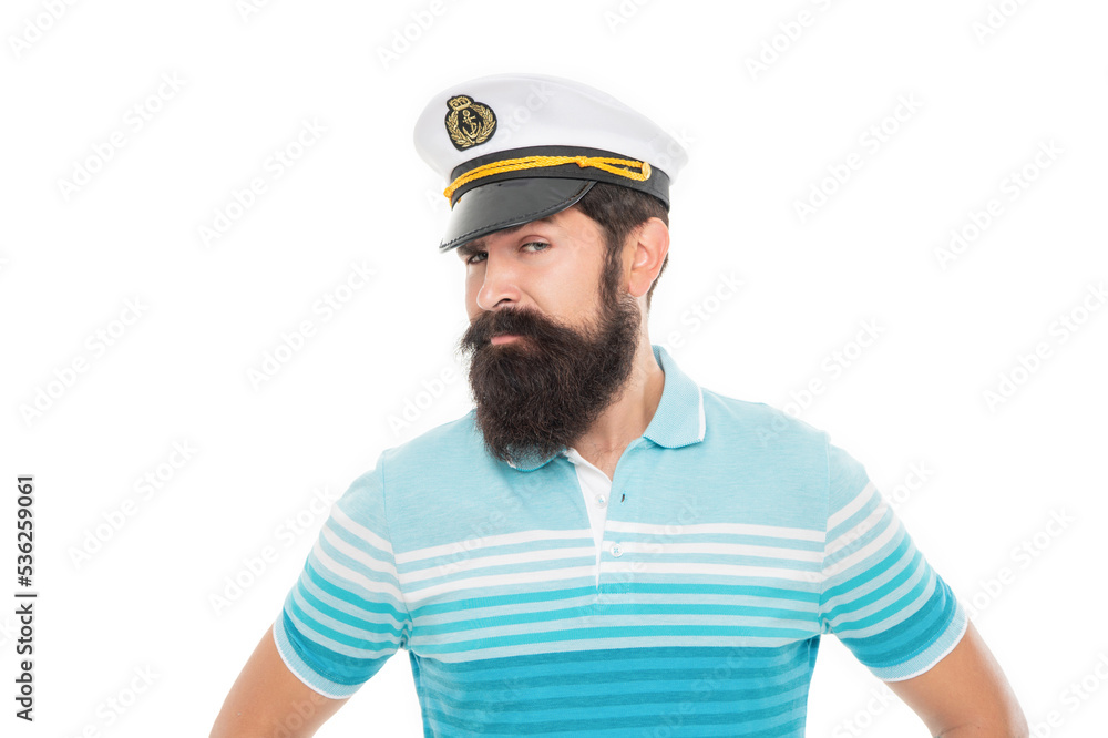 Bearded captain looking askance. Bearded man portrait. Bearded man wearing sailor cap Bearded captain looking askance. Bearded man portrait. Bearded man wearing sailor cap