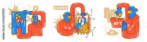 Set with Monkey crypto investor concepts. Data analysis, audit of business, trends and markets. Investment, startup, search for new successful business ideas. Cartoon style in vector illustration.