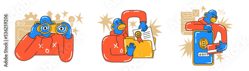 Set with Monkey crypto investor concepts. Data analysis, audit of business, trends and markets. Investment, startup, search for new successful business ideas. Cartoon style in vector illustration.