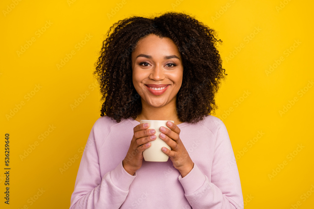 Photo of young lovely woman enjoy tasty cappuccino caffeine morning isolated over yellow color background