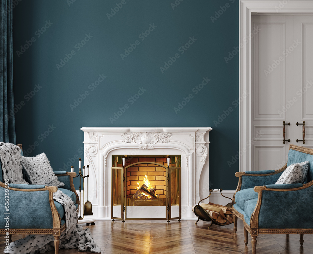 Fototapeta premium Home mockup, dark classic interior with burning fireplace, 3d render