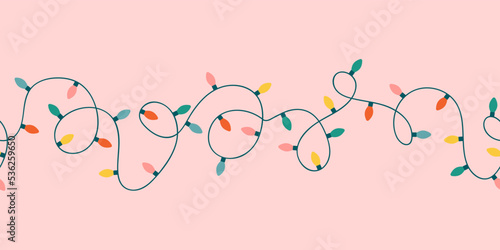 Christmas lights garland seamless border. Holiday LED bulb strand for magic festive prints. Flat illustration for greeting cards and other graphic design.