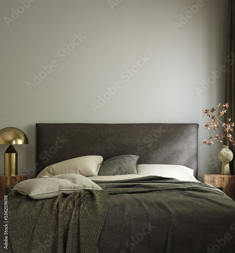 Home mockup, bedroom interior with bed and decor, 3d render
