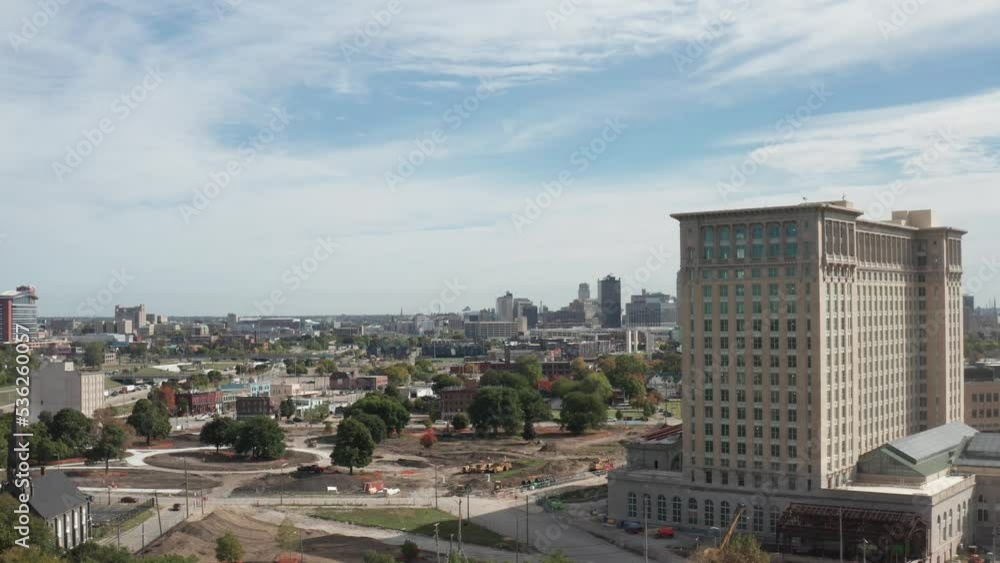 Michigan Central Station in Detroit, Michigan with side view drone video moving in. Michigan Central Station in Detroit, Michigan with side view drone video moving in.