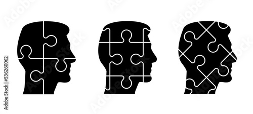 jigsaw puzzle pieces, head or face human profile concept. Line pattern. Puzzle pieces icon or pictogram. Cartoon outline. Dubbele platte puzzels. Close up of a puzzle game parts. Education  idea.