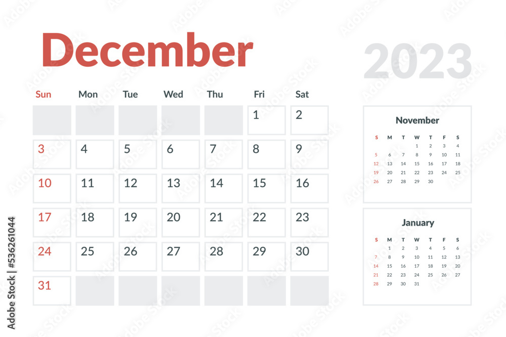 Calendar Template of december 2023. Vector layout simple calendar with week start sunday. Calendar Template of december 2023. Vector layout simple calendar with week start sunday.