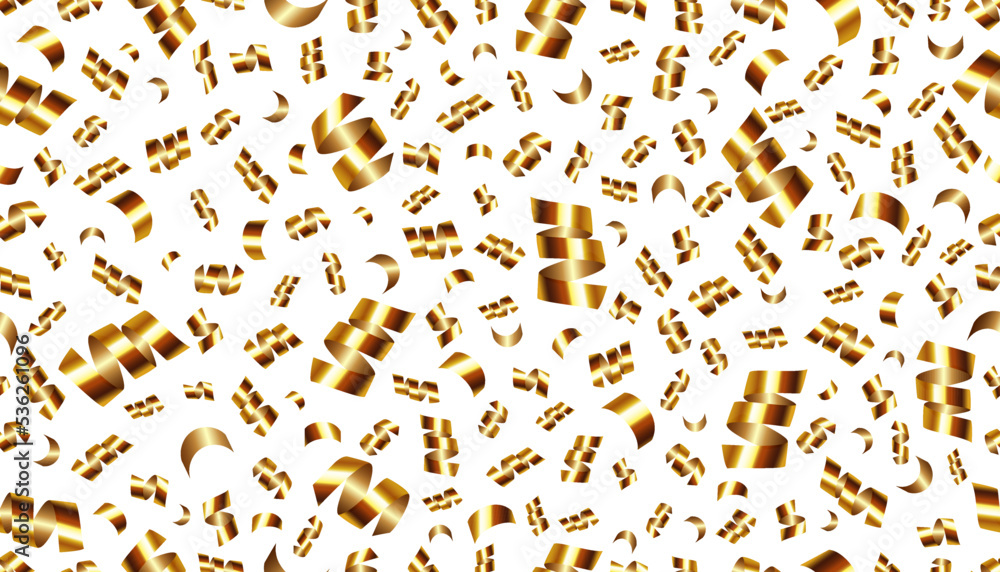 Golden serpentine confetti on transparent background. luxury isolated vector seamless pattern with bright festive tinsel of gold color for banner, poster, package or holiday card decoration