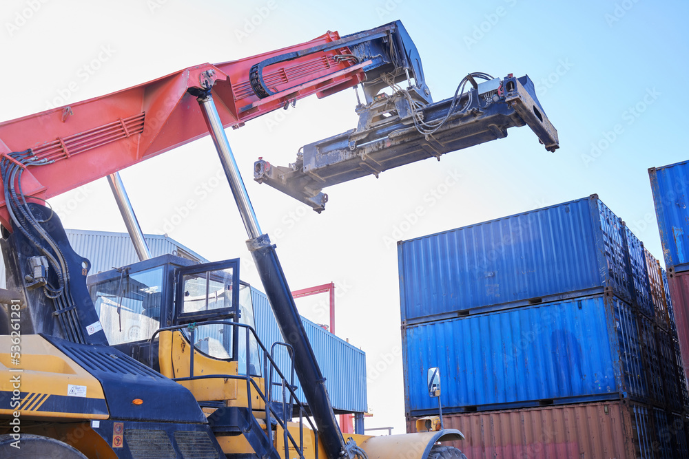 Crane, box container and delivery cargo shipping business company in manufacturing, shipping and distribution of stock. Industrial freight machine transport truck export supply chain courier package