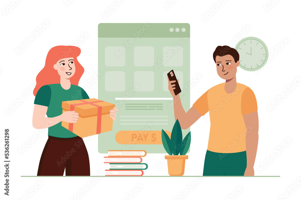 Green concept e-payment with people scene in the flat cartoon design. Man want to pay for the parcel at the post office through a bank transfer. Vector illustration.
