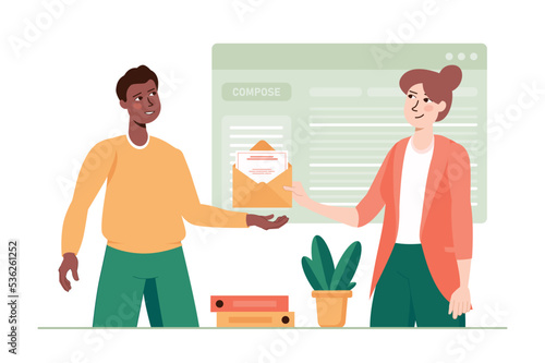 Email service green concept with people scene in the flat cartoon style. Man want to send an e-mail, so he turned to a special service. Vector illustration.