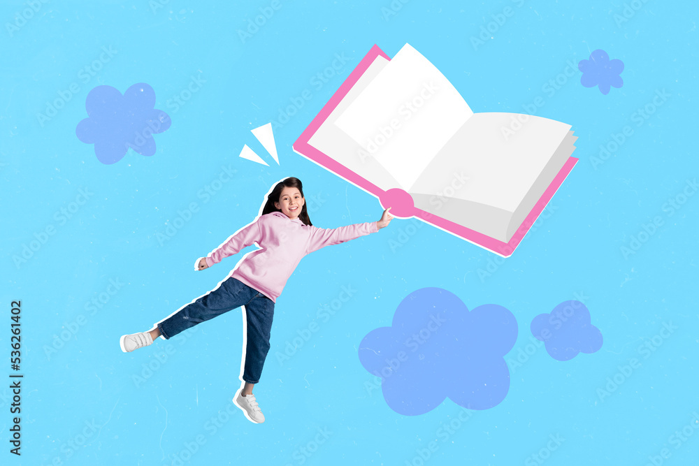 Creative collage picture of excited smart mini girl hold huge flying opened book isolated on drawing background Creative collage picture of excited smart mini girl hold huge flying opened book isolated on drawing background