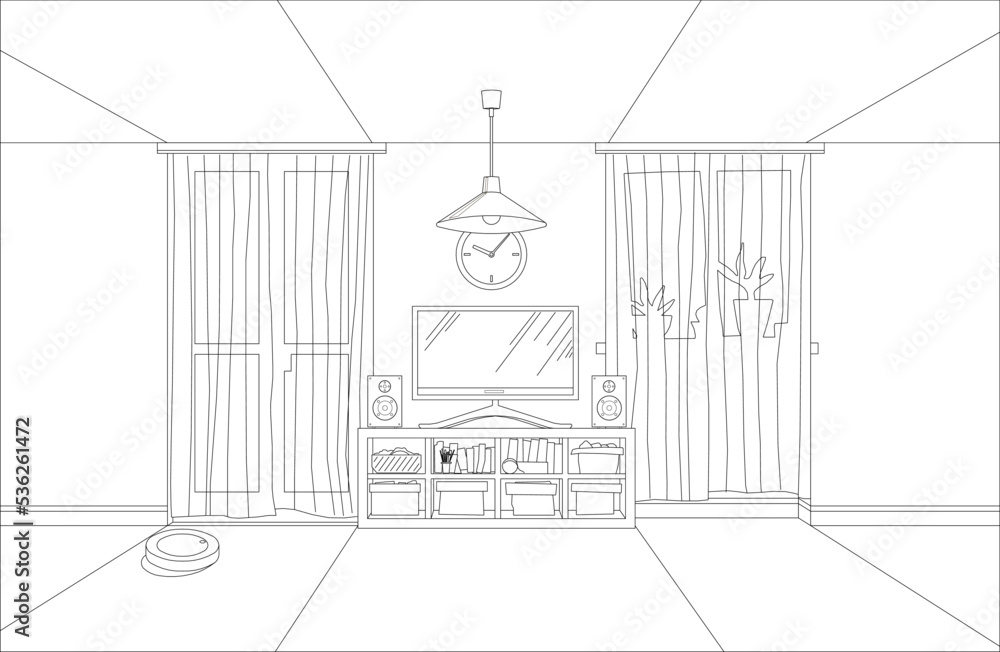 vector 3D illustration TV living room, line drawing art, interior anime background style, manga style vector 3D illustration TV living room, line drawing art, interior anime background style, manga style