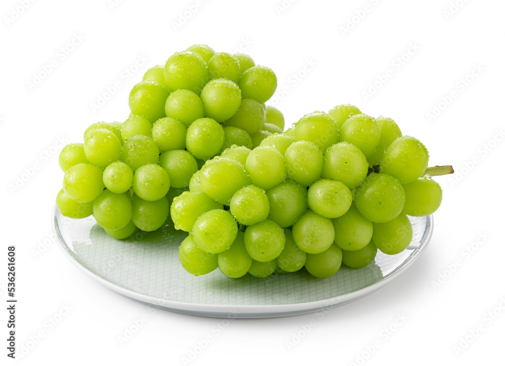 Shine Muscat with water droplets placed on a plate against a white background. Shine Muscat with water droplets placed on a plate against a white background.